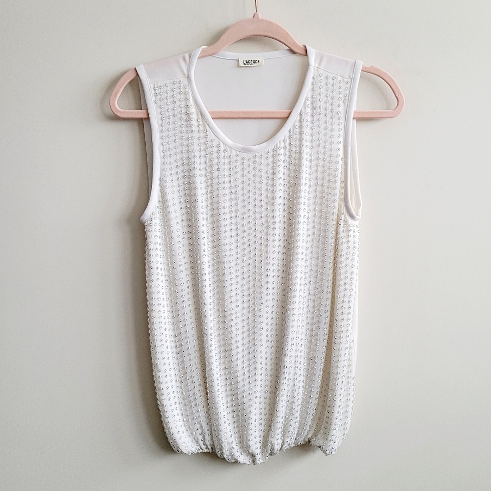 L'AGENCE Round Neck Silk Beaded Sleeveless Tank in White